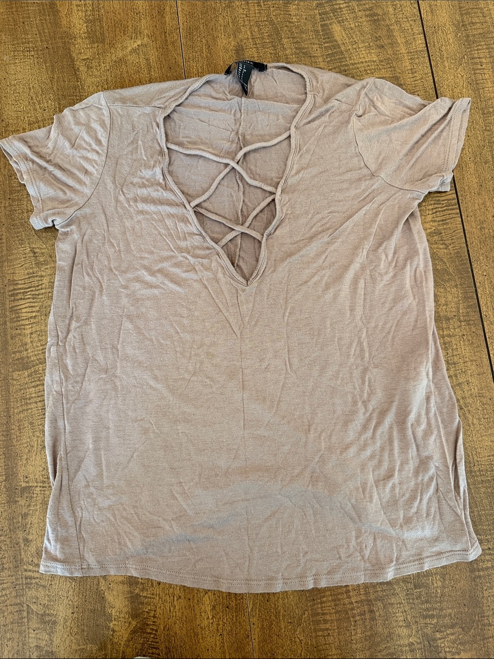 Forever 21 Taupe Short Sleeve Lattice V-Neck Tee